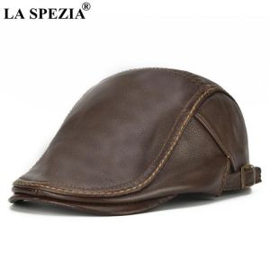 LA SPEZIA Autumn Winter Flat Caps For Men Brown Adjustable Duckbill Hats Male Real Cowhide Leather Classic High-End Driving Caps
