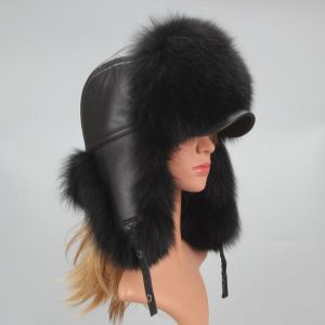 Genuine Silver Fox Fur Hat with Ear Flaps Real Natural Fur Caps for Russian Women Bomber Hats Trapper Cap with Real Leather Top
