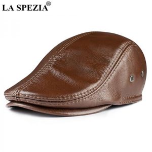 LA SPEZIA Cowskin Mens Beret Real Leather Flat Cap Brown Earflaps Warm Autumn Winter Gatsby Driver Ivy Hat Newsboy