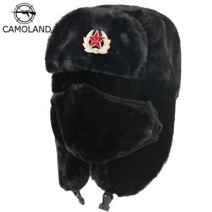 CAMOLAND Soviet Army Military Badge Bomber Hat Men Women Russia Ushanka Hats Faux Rabbit Fur Earflap Snow Caps Trapper Hats