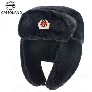 CAMOLAND Soviet Trapper Trooper Hat Mens Army Military Russian Ushanka Bomber Hat Winter Warm Caps Pilot Faux Rabbit Fur Earflap