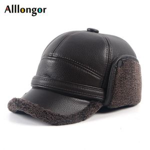 Leather Bomber Hats Men's Winter Earflap Hat Ushanka Head Hood 2021 Autumn Warm Faux Fur Wool Earflaps Baseball Cap Male Thic