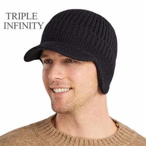 TRIPLE INFINITY Winter Men's Hat Thick Windproof Sun Visor Hat Outdoor Riding Warm Ear Protection Knitted Hat Male Baseball C