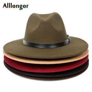 HOT 2021 Autumn Winter Black Men Wool Fedora Hat Wide Brim Women Faux Woolen Ladies Fedoras Jazz Hat Belt Caps Bowler Felt Hats