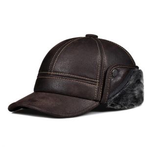 Male Winter Genuine Leahter Suede Bomber Hat Man Nubuck Thick Head Keep Warm Dome Caps Elder Black/Brown sewing Fitted Gorras