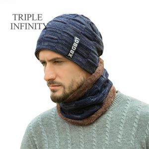TRIPLE INFINITY High Quality Men's Winter Hat Scarf Thick Comfortable Soft Winter Warm Beanies Hat For Men Fashion Knitted Ha