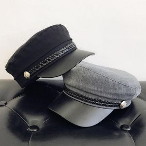 Fashion Unisex PU Leather Military Hat Autumn Sailor Hats For Women Men Black Grey flat top  Female travel cadet hat Captain Cap