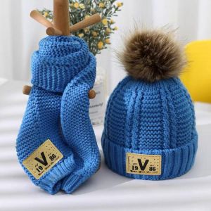 Children's hat and scarf set combination boys and girls lovely thick style autumn winter warm knitting wool hat and neck scar