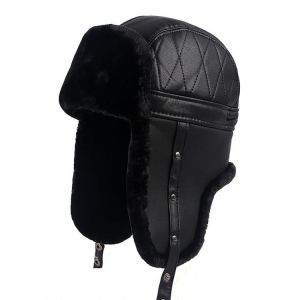 High Quality 2021 Winter Warm Leather Pilot Cap Soviet Russian Ushanka Faxu Fur Hats Earflap Bomber Hat Men Black Snow hats