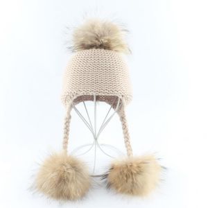 BABY Real Fur Pompom Knitted Beanies Winter Warm Hats For Fids Natural Fur Ball Caps Children Ear Cap