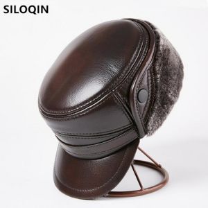 SILOQIN Men's Winter Bomber Hats Natural Genuine Leather Caps For Men Fur Warm Earmuffs Hat Anti-cold Brands Cowhide Leather 
