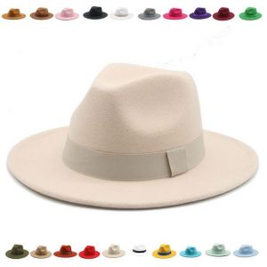 Fedora Hat Women Winter Hats for Women Ribbon Band Men's Hat Wide Brim Classic Beige Wedding Church Bowler New Cap chapeau fe