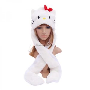 Cartoon Plush Animal Faux Fur Full Hood White Cat Hat Women Girls Kids Costume Beanie with Long Scarf Mittens Gloves Earmuffs