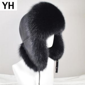 Men Outdoor Winter Natural Real Fox Fur Bombers Hats Warm Soft Quality Real Raccoon Fur Cap Luxury Real Sheepskin Leather Hat