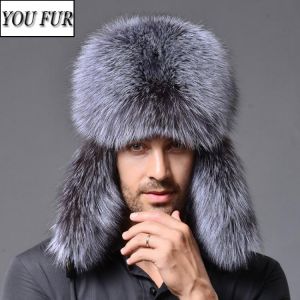 2021 New Men Outdoor Winter Natural Real Fox Fur Bombers Hats Warm Soft Quality Real Raccoon Fur Cap Real Sheepskin Leather Hat