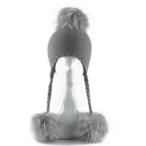 Winter Baby Beanie Hat Children Earflap Cap Kids 3 Pompom Fur Wool Hat Natural Real Fur Pom Pom Hat For Girls Boys