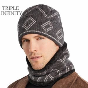 TRIPLE INFINITY Fashion Men's Winter Hat Thick Square Pattern Male Cap Outdoor Windproof Soft Warm Knitted Hats For Men Beani