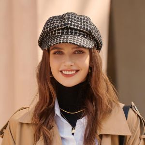 French Hat Women Autumn Winter New Fashion Trend Cap Temperament British Retro Checkered Classic Small Fragrance Octagonal Hat