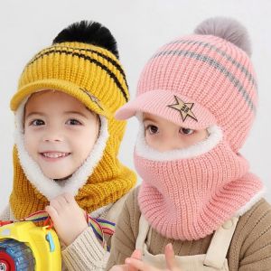 Thick Knitted Acrylic Winter Beanie Hats For Kids Child Outdoor Warm Balaclava Cap Girls Boys Bib Mask Face Cover Hairball Hat