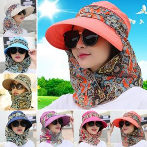 Fashion Women Summer Outdoor Riding Anti-UV Sun Hat Beach Foldable Sunscreen Floral Print Caps Neck Face Wide Brim Hat