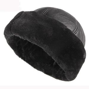 HT2824 Thick Warm Winter Hat Men Black Fur Leather Russian Bomber Hat Male Windproof Snow Ski Russian Cap Fleece Lined Dad Hat