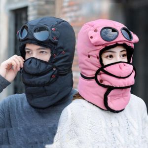 Bomber Hats Women Men Child Winter Windproof Ski Cap With Ear Flaps And Mask Pilot Goggles Warm  Hats Trooper Trapper Cap