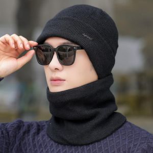 New Men's Winter Knitted Hat Fashion Soft High Quality Add Fur Lined Cap Male Thick Neck Protective Warm Hat bandana