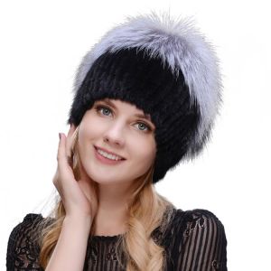 JERYAFUR Russian winter fur hat ladies style mink hat knitted wool  mink and fox fur ski hat