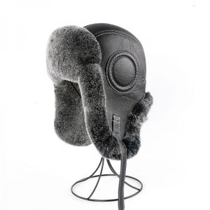 2021 Winter Men's 100% Real Rex Raabit Fur Bomber Hat Ushanka Cap Trapper Russian Man Ski Hats Caps Real Sheepskin Leather
