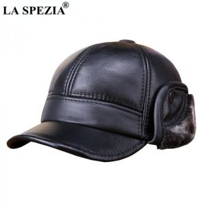 Winter Real Leather Baseball Caps with Fur Earflaps Men Genuine Cow Leather Warm Thick Duckbill Hat Male Luxury Brown Black