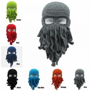 Novelty Handmade Funny Tentacle Octopus Hat Crochet Cthulhu Beard Beanie Men's Women's Knit Wind Mask Cap Halloween Anim