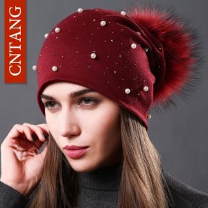 CNTANG 2020 Women's Fashion Hat Autumn Winter Rhinestones Pearl Hats Female Beanies Natural Raccoon Fur Pompom Cotton Warm Ca