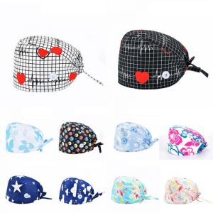 New Pure Cotton Printing Surgical Cap Unisex Adjustable Nurse Cap Buckle Elastic Beauty Hats Baotou Cap Fashion Doctor Hat 2021