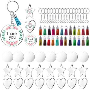 HOT 72 Pieces Acrylic Transparent Discs,Blanks Charms and Tassel Pendants, Keyring with Chain for DIY Crafts Jewelry Making