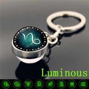 Glow In The Dark 12 Constellation Keychain Zodiac Signs Picture Double Side Glass Ball Keychain Jewelry Birthday Gifts Women