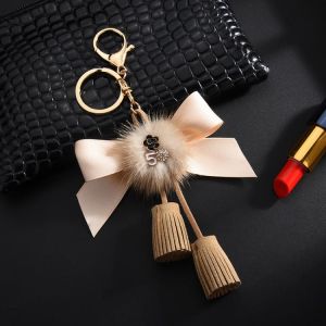 Hot Sale Keychain Bow Knot Key Chain with Mink Fur Ball Gifts for Women Llaveros Mujer Car Bag Accessories Keyring Holder A001