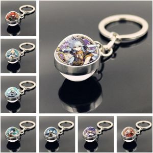 Fashion Anime Genshin Impact Keychain Charms Double Sided Glass Ball Pendant Metal Key Chains Key Rings Man Woman Gift for Fans