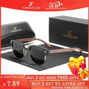 KINGSEVEN Handmade 2021 Black Walnut Wooden Sunglasses Men Polarized UV400 Protection Semi-Rimless Retro Eyewear Women Oculos