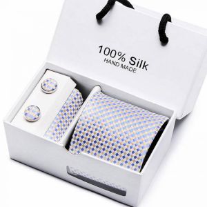 2021 Fashion Silk Jacquard Tie White Geometric Tie Hanky Cufflink Set Ties For Men Business Wedding Party