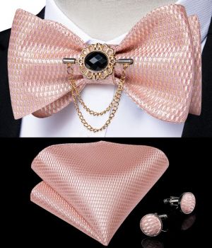 Pink Plaid Solid Men's Self Tie Bow Tie Silk Jacquard Woven Wedding Party Bowtie Hanky Brooch Set Men Butterfly Necktie DiBan