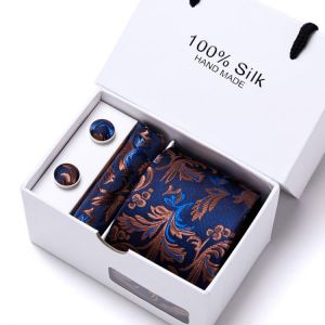 Gift box Office  Men Classic Party Wedding striped 7.5cm Silk Wedding  Floral Tie Necktie Handkerchief Set