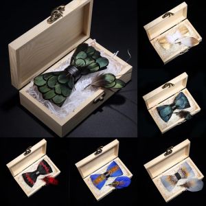 KAMBERFT design handmade feather bow tie brooch wooden box set high quality men's bowtie leather tie for wedding party banque