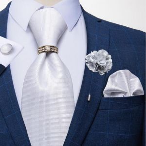 8cm Men Silk Tie White Solid Necktie Men's Formal Wedding Party Ties Cufflinks Hanky Flower Brooch Set Men Gift Corbatas DiBa