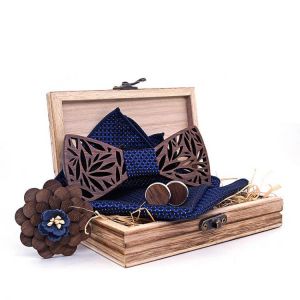 Sitonjwly Fashion Hollow Carved Butterfly Bowtie Handkerchief Cufflinks Brooch Set Wooden Bow Ties Wedding Corbatas Corsage Set