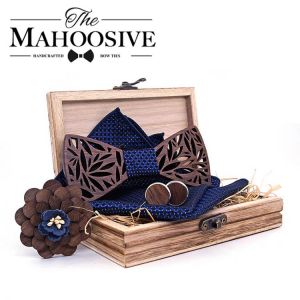 Paisley Wooden Bow Tie Handkerchief Set Men's Plaid Bowtie Wood Hollow Carved Cut Out Floral design And Box Fashion Novelty t