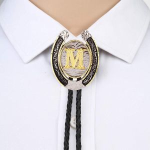 Gold Letter ABCDEFG-Z U shape bolo tie for man Indian cowboy western cowgirl leather rope zinc alloy necktie