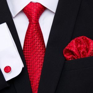 New Red Tie Silk Woven Men Tie Necktie Hanky Cufflinks Set Luxury Men's Party Corbatas Office Gravatas