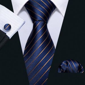 Men Tie Gold Navy Striped 100% Silk Tie Barry.Wang 3.4" Jacquard Party Wedding Woven Fashion Designers Necktie For Men DS-503