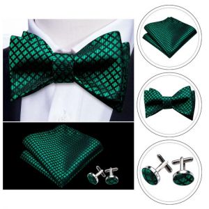 Bowtie for Men Solid Green Bow Tie Plaid Silk Bowtie Set Handkerchief Cufflinks Checked Bows Self-Tied Tie Barry.Wang Wholesale