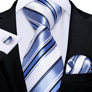 New Classic 8cm Wide Men's Blue White Striped Silk Ties Set Business Wedding Tie Pocket Square Cufflinks Gifts For Men DiBanG